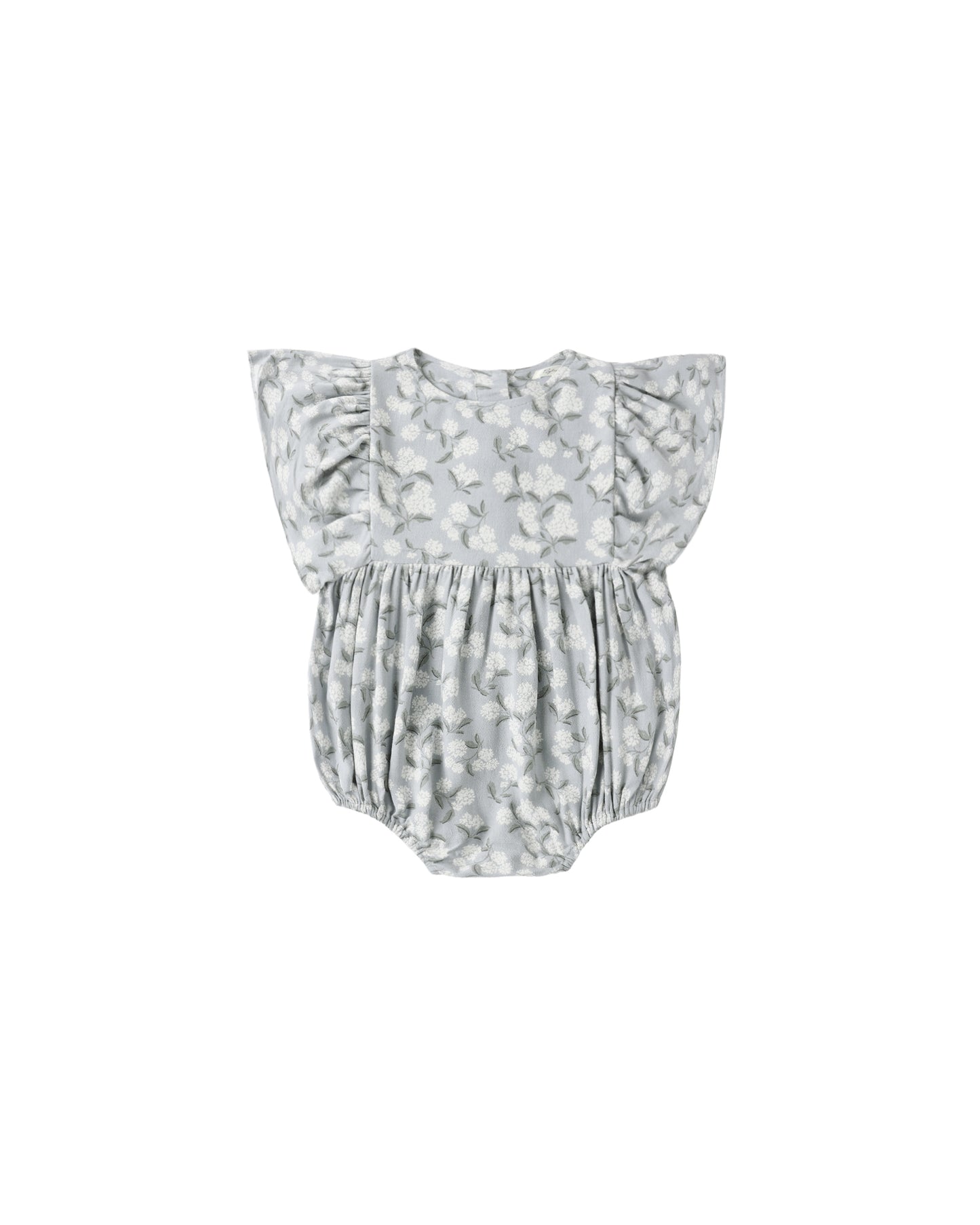 Light blue Hydrangea Kalea romper by Rylee & Cru featuring a soft, flowy design with floral print and short sleeves.