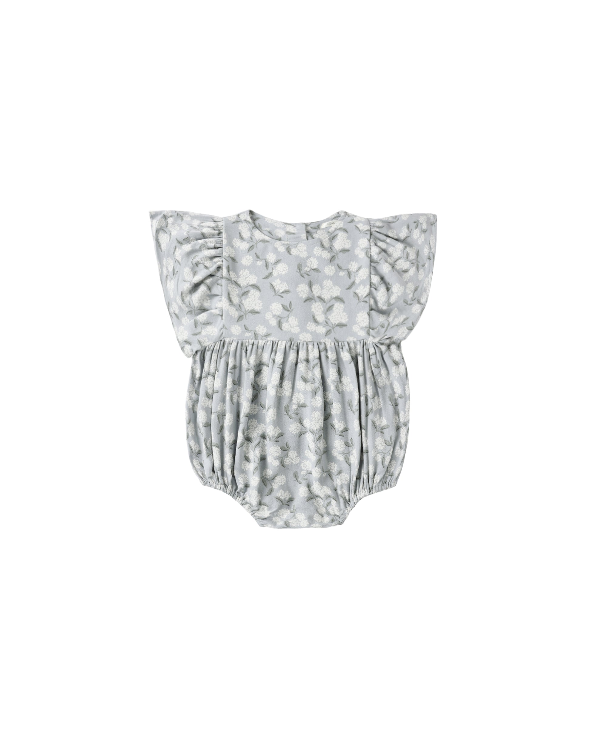 Light blue Hydrangea Kalea romper by Rylee & Cru featuring a soft, flowy design with floral print and short sleeves.