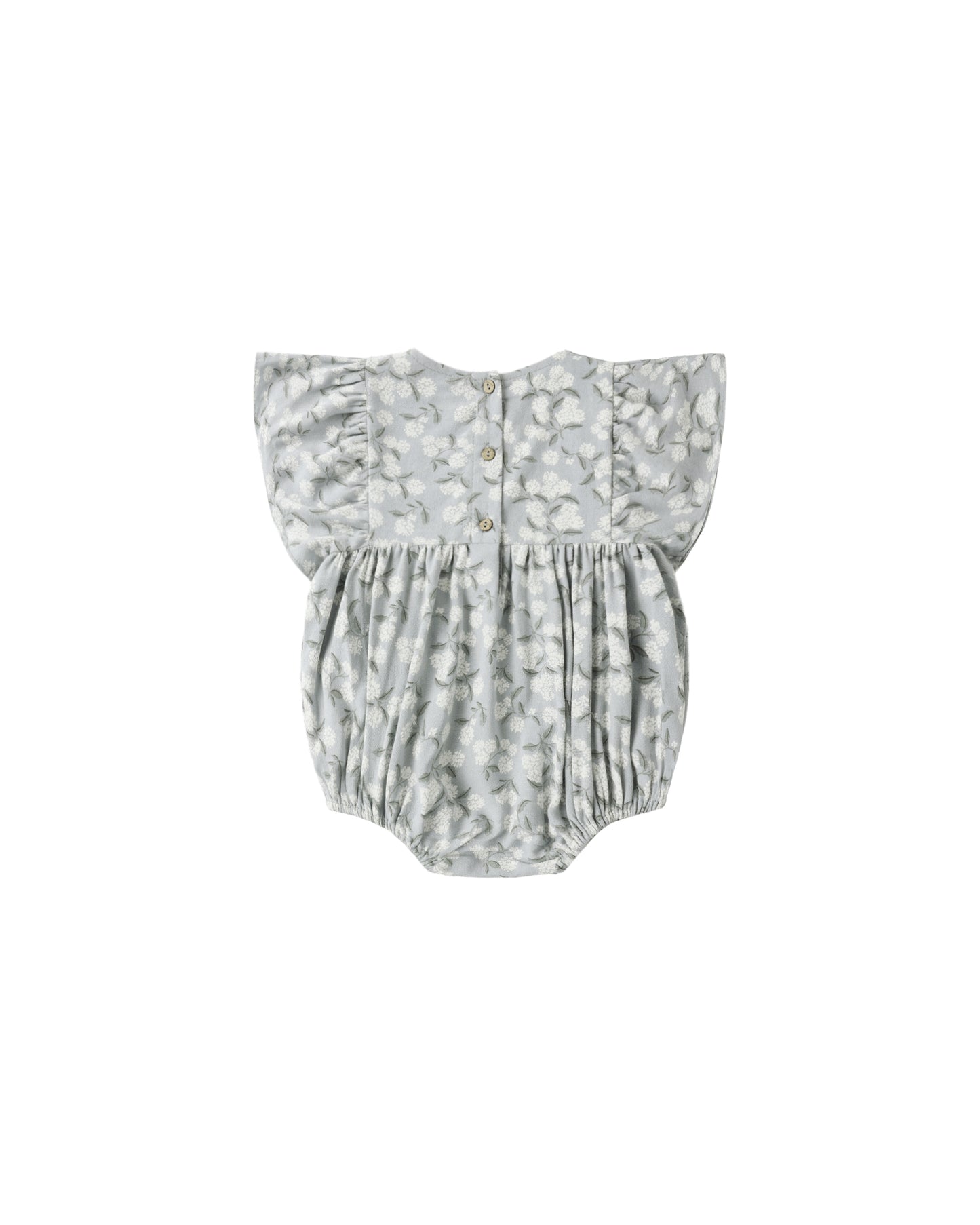 Light blue Hydrangea Kalea romper by Rylee & Cru, featuring soft fabric and a relaxed fit, displayed on a hanger.