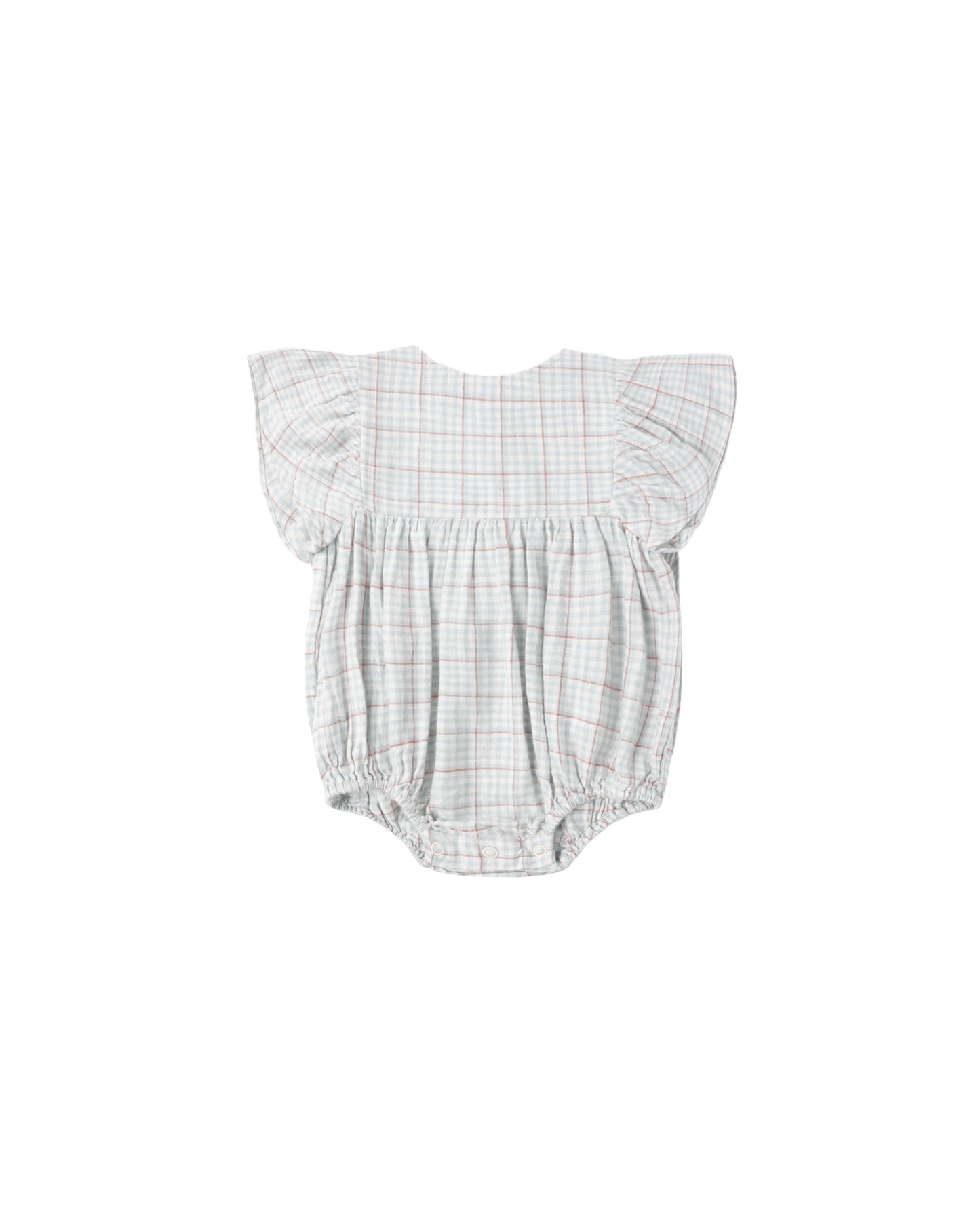 Light blue plaid Kalea romper by Rylee & Cru featuring a comfortable, stylish design with long sleeves and a relaxed fit.