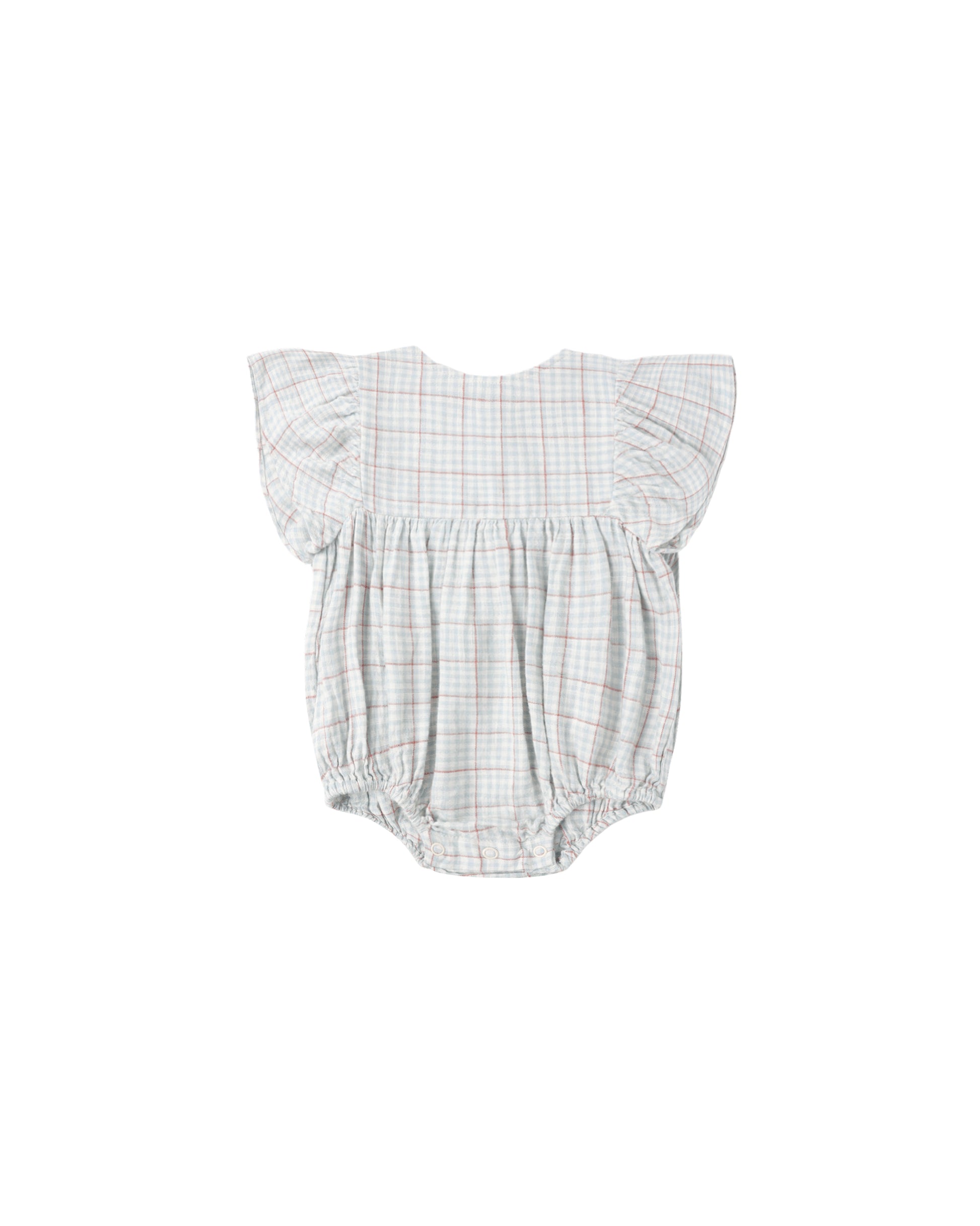 Light blue plaid Kalea romper by Rylee & Cru featuring a comfortable, stylish design with long sleeves and a relaxed fit.