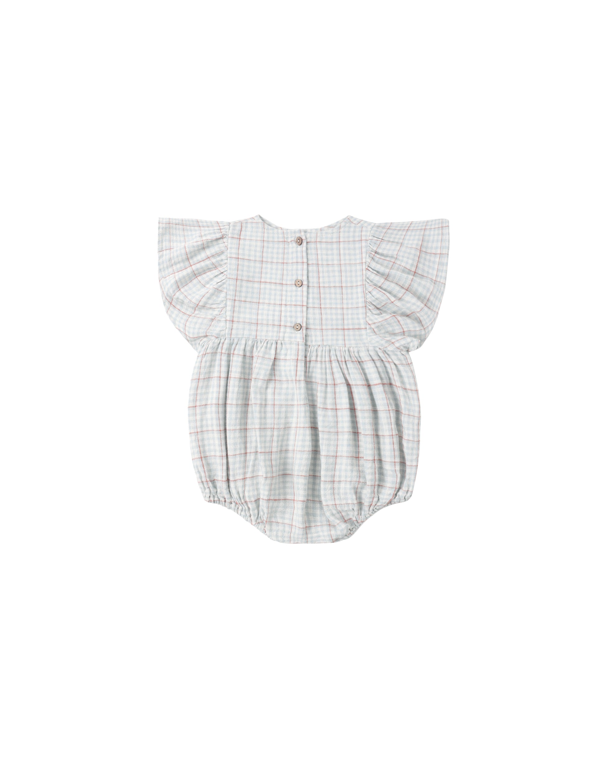 Light blue plaid Kalea romper by Rylee & Cru, featuring a soft, lightweight fabric and button details, perfect for casual wear.
