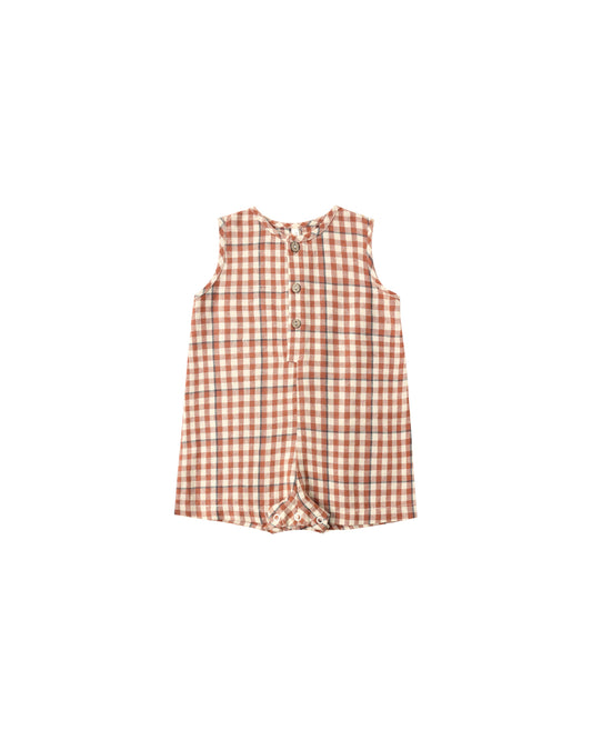 Rylee & Cru Poppy Gingham Mavrick Romper for babies, featuring a red and white checkered pattern and short sleeves.