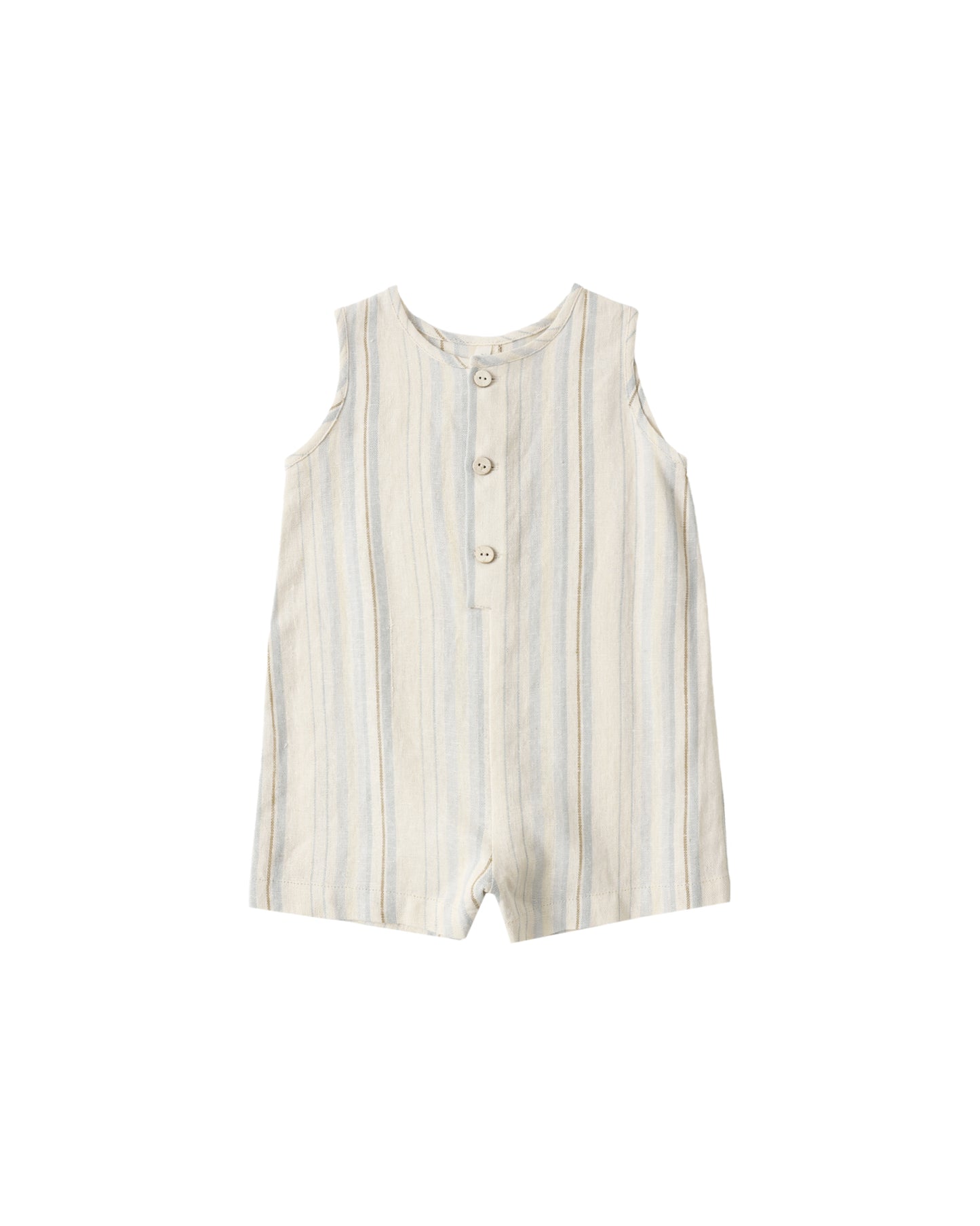 Rylee & Cru Sea Stripe Mavrick Romper featuring a natural striped pattern and short sleeves for a playful look.