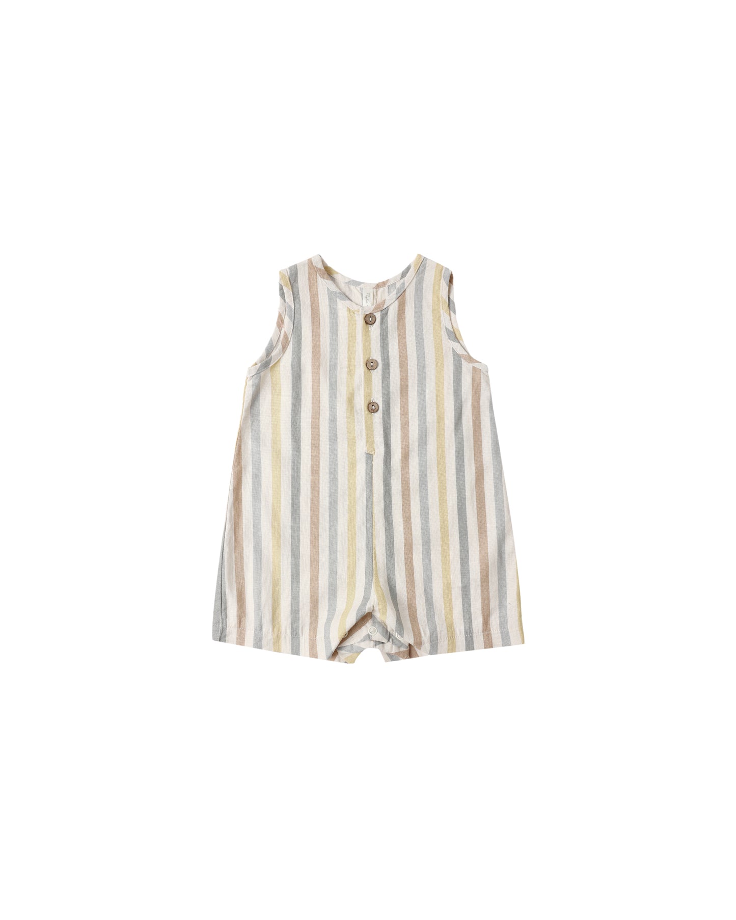 Rylee & Cru Valencia Stripe Maverick Romper in natural fabric, featuring colorful striped pattern and comfortable fit for babies and toddlers.