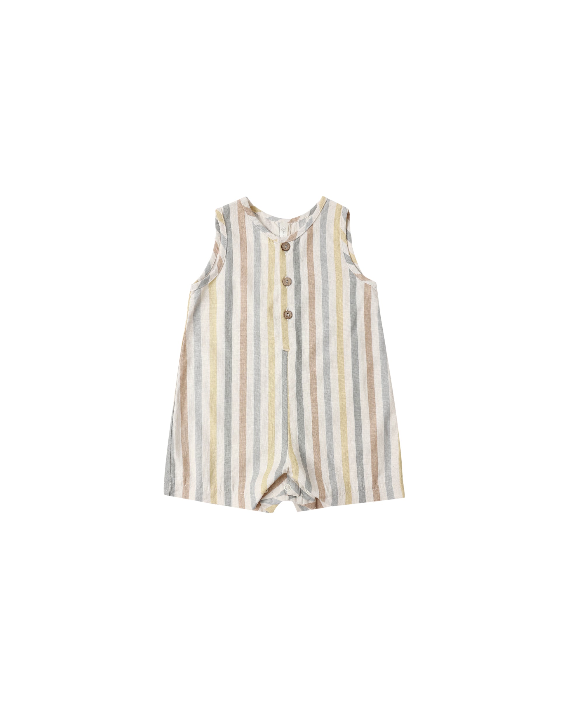 Rylee & Cru Valencia Stripe Maverick Romper in natural fabric, featuring colorful striped pattern and comfortable fit for babies and toddlers.