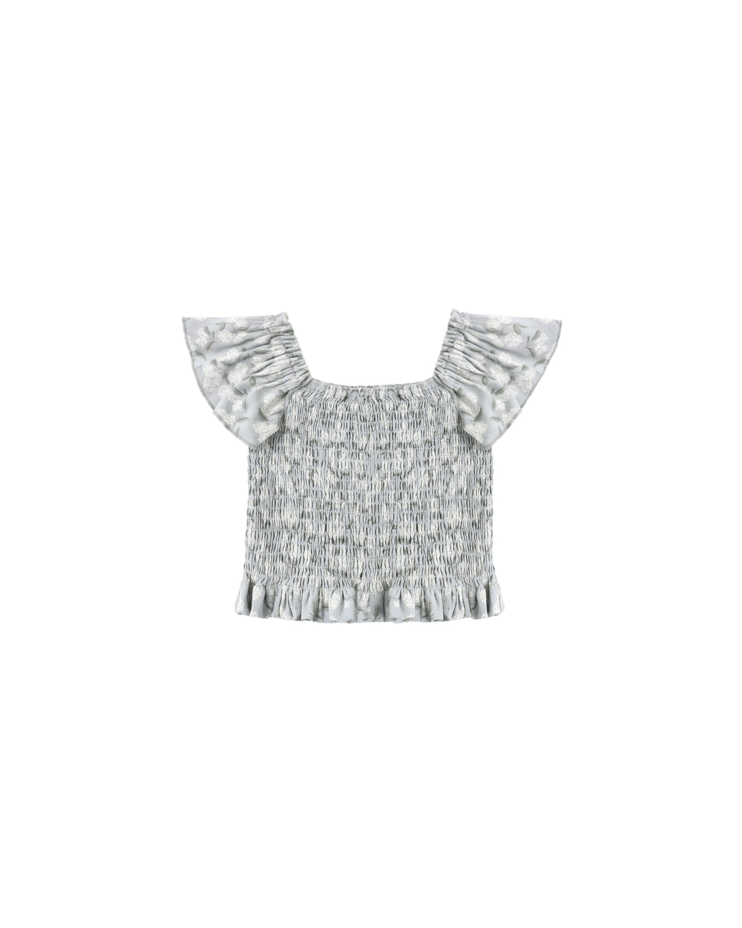 Light blue Hydrangea Zayla top by Rylee & Cru, featuring a soft fabric and floral design in a close-up view.