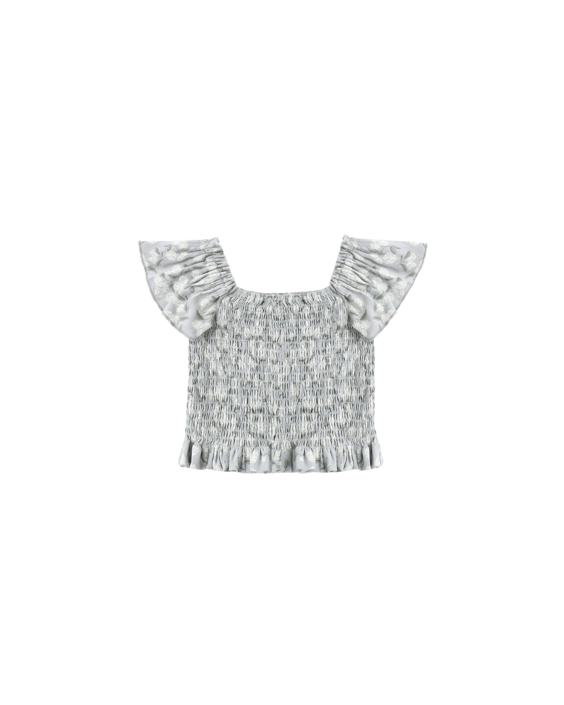 Light blue Hydrangea Zayla top by Rylee & Cru, featuring a soft fabric and floral design in a close-up view.