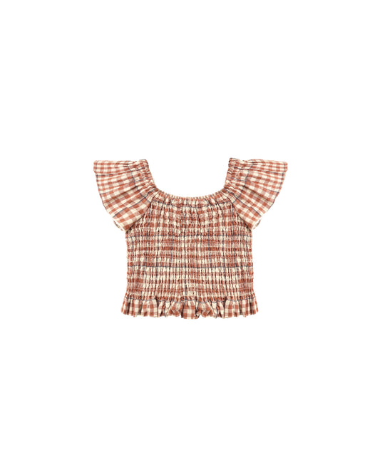 Rylee & Cru Poppy Gingham Zayla Top in Poppy color, featuring a gingham pattern and stylish design, displayed on a mannequin.