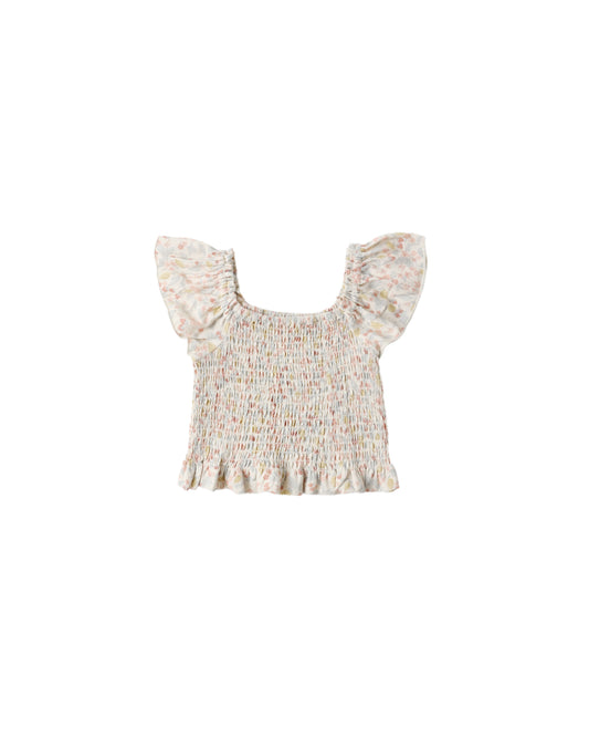 Rylee & Cru Summer Garden Zayla Top in ivory, featuring floral print and lightweight fabric, displayed on a hanger.