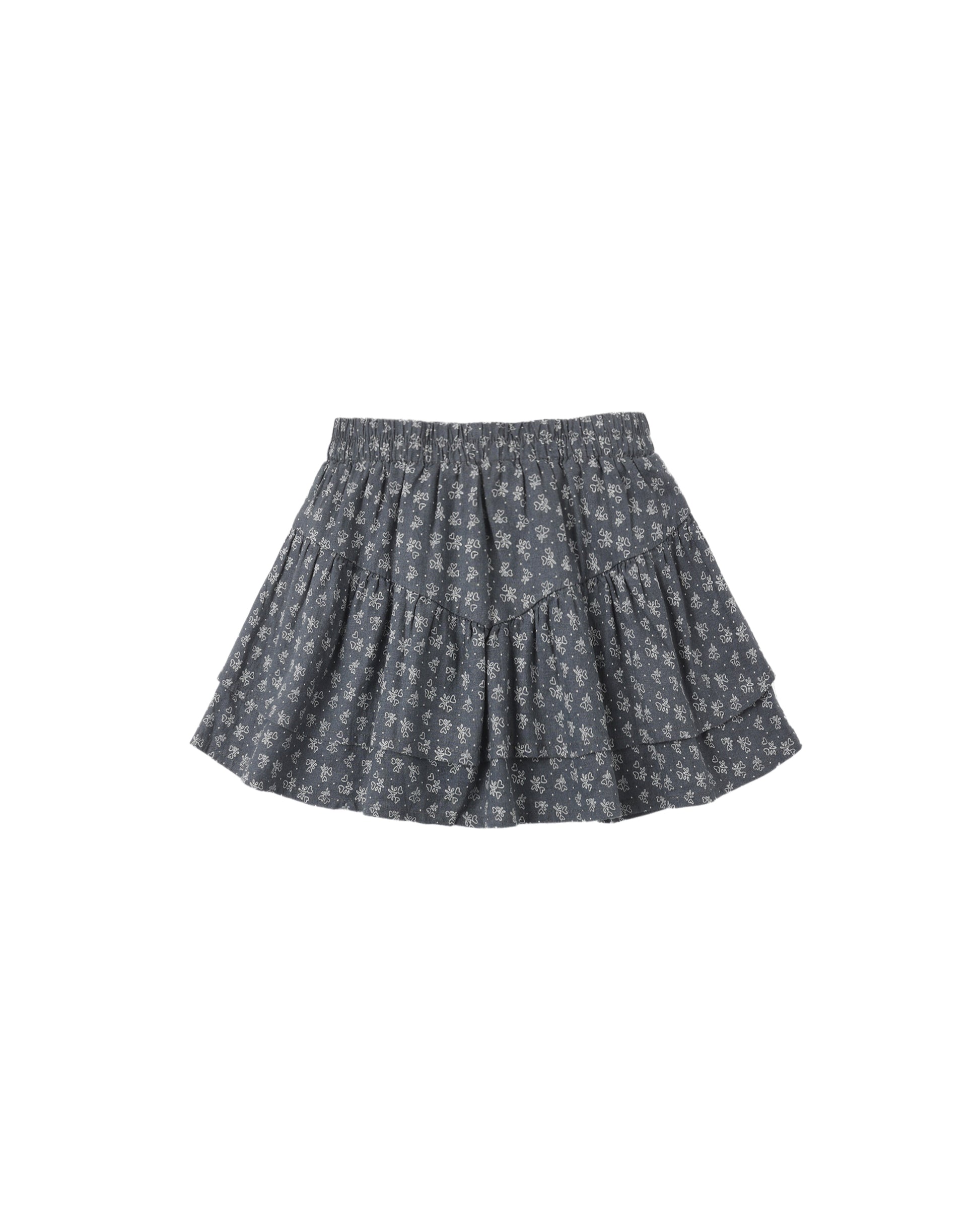 Rylee & Cru Heart Ditsy Tiered Mini Skirt in midnight with a floral print and layered tiered design, styled for a cute, casual look.