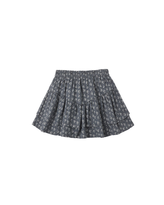Rylee & Cru Heart Ditsy Tiered Mini Skirt in midnight with a floral print and layered tiered design, styled for a cute, casual look.