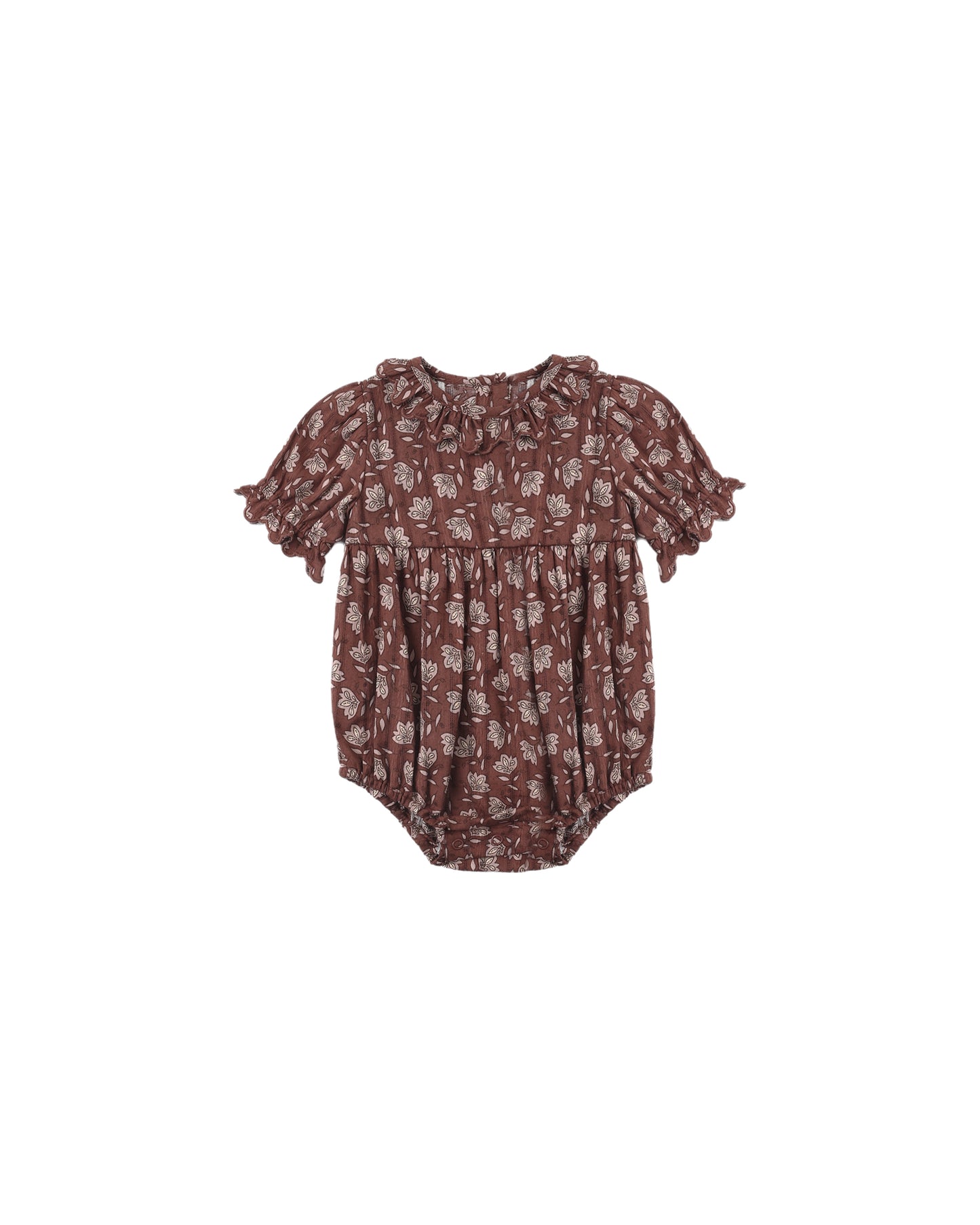Rylee & Cru Mulberry Iris Liv romper for babies, soft fabric with floral print and elastic waistband, front button closure.