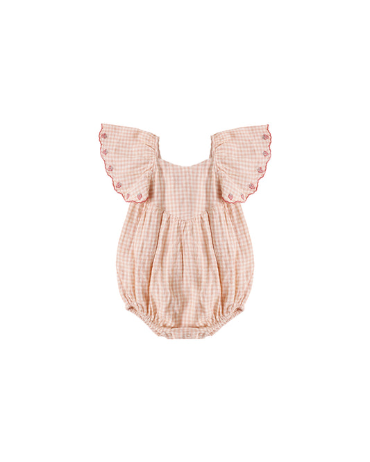 Rylee & Cru Petal Gingham Roxy Romper for girls, pink and white checkered cotton romper with short sleeves and bow detail.