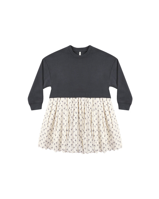 Vintage Fleur sweatshirt dress by Rylee & Cru, featuring a cozy floral design in midnight blue, perfect for casual wear.