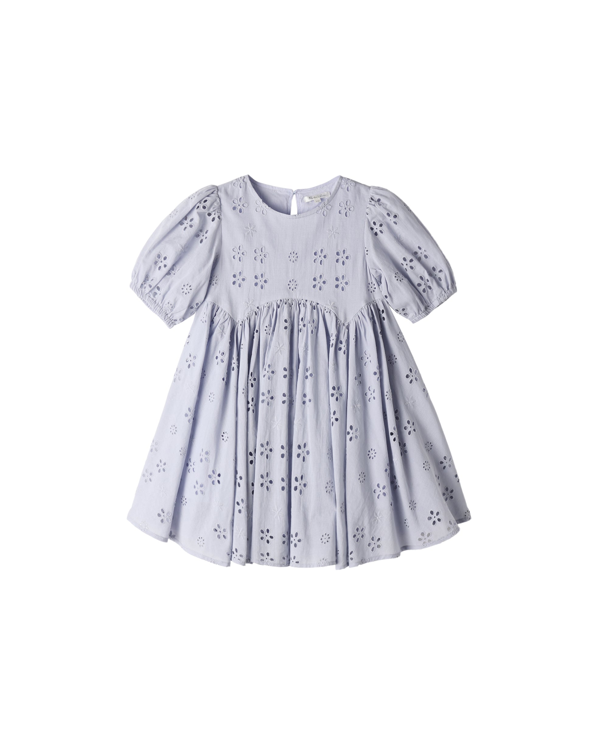 Periwinkle Rylee & Cru dress with a floral rose print, showcasing a soft fabric and elegant design for girls.