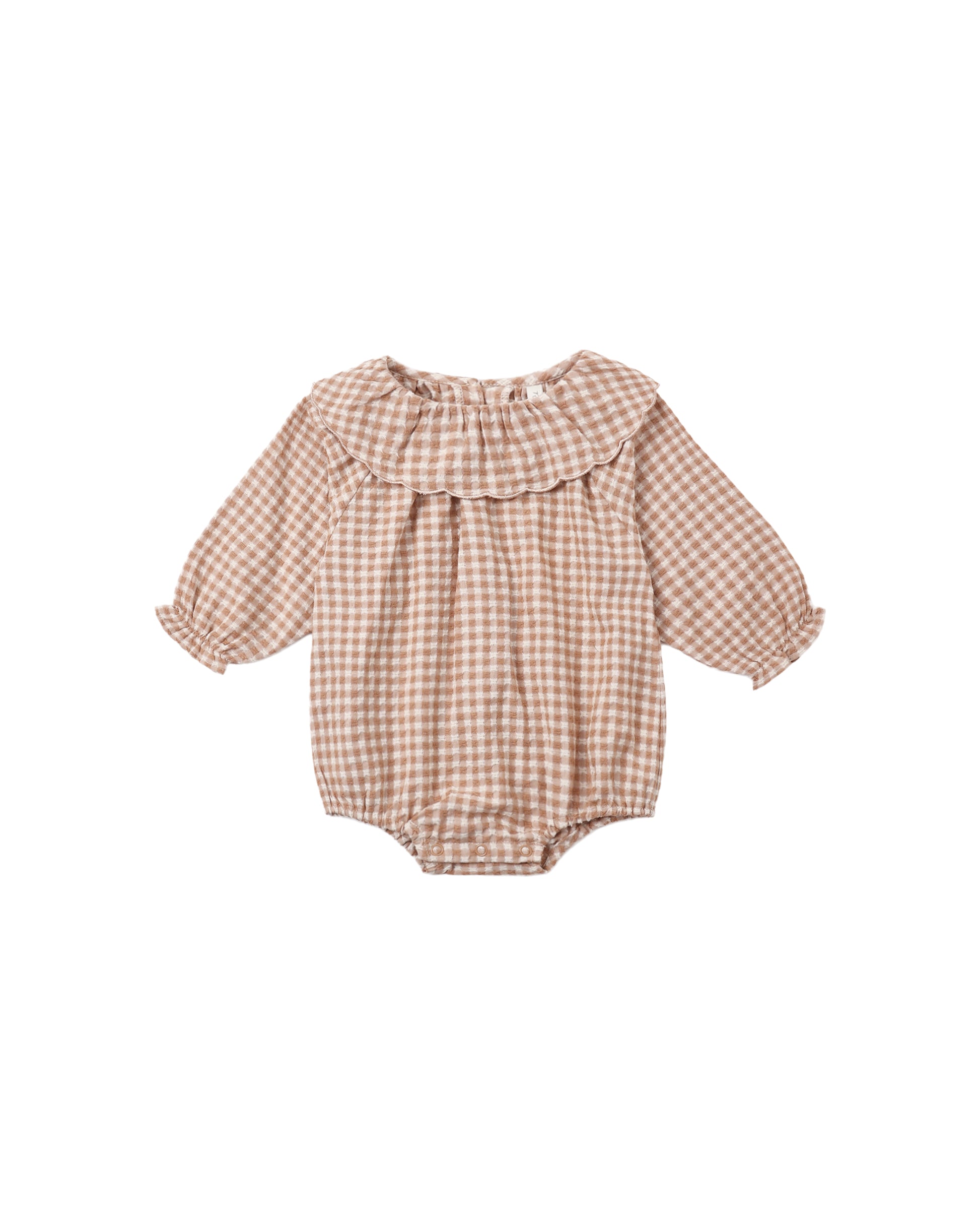Fawn Gingham Colette Romper by Rylee & Cru, featuring a cute gingham pattern, soft fabric, and sleeveless design for toddlers.