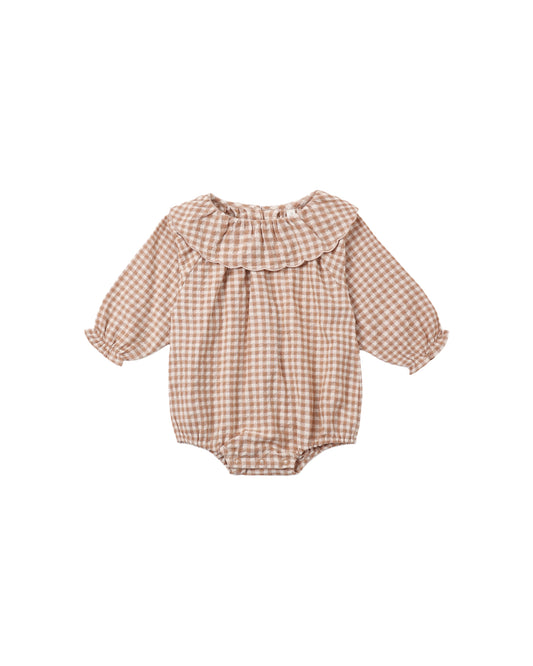 Fawn Gingham Colette Romper by Rylee & Cru, featuring a cute gingham pattern, soft fabric, and sleeveless design for toddlers.