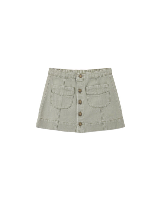 Dark sage Denver mini skirt by Rylee & Cru, featuring a stylish, fitted design with a high waist and subtle stitching details.