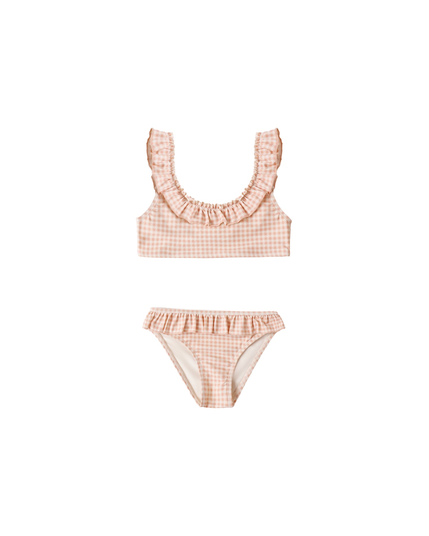 Rylee & Cru Petal Gingham Giana Bikini for girls, featuring pink and white gingham pattern with ruffled details.