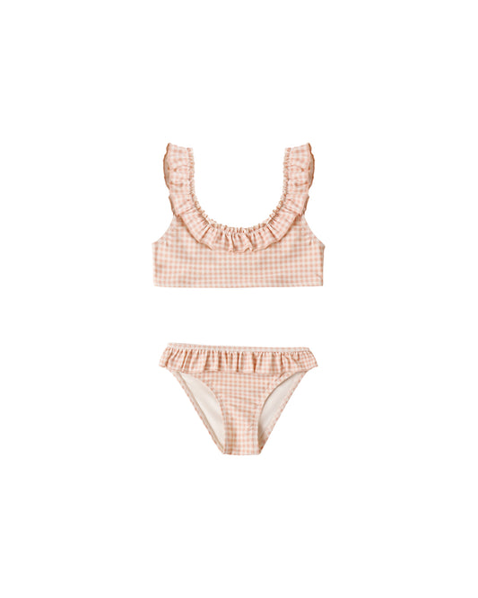 Rylee & Cru Petal Gingham Giana Bikini for girls, featuring pink petal gingham fabric and classic bikini style.