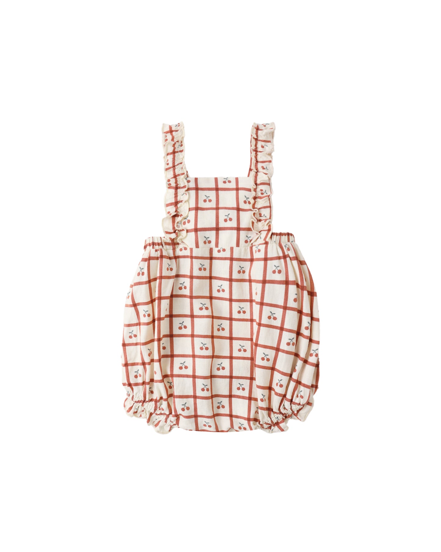 Cherry Check Chiara Romper by Rylee & Cru, natural fabric with a playful cherry check pattern, displayed on a hanger.