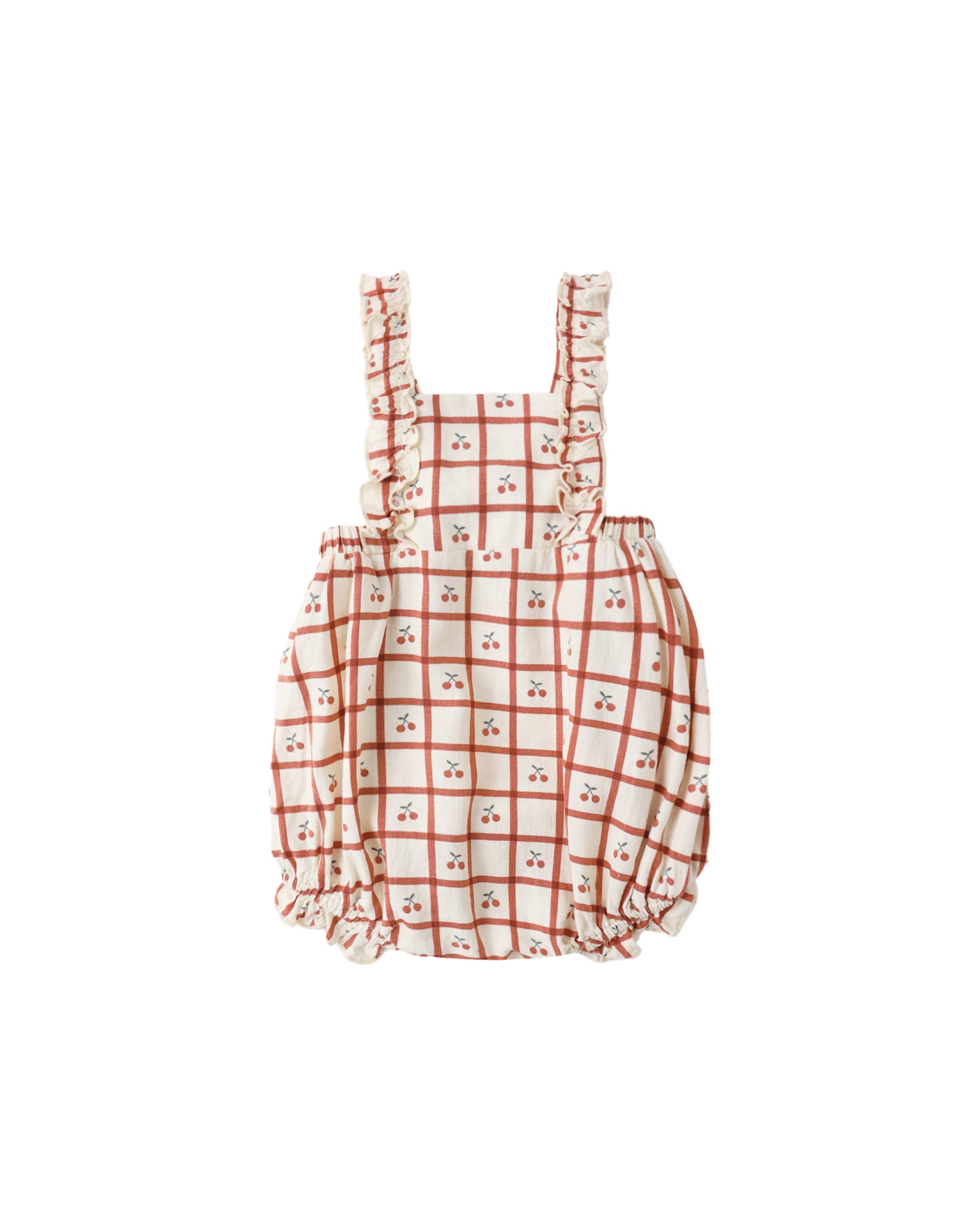 Cherry Check Chiara Romper by Rylee & Cru, natural fabric with a playful cherry check pattern, displayed on a hanger.