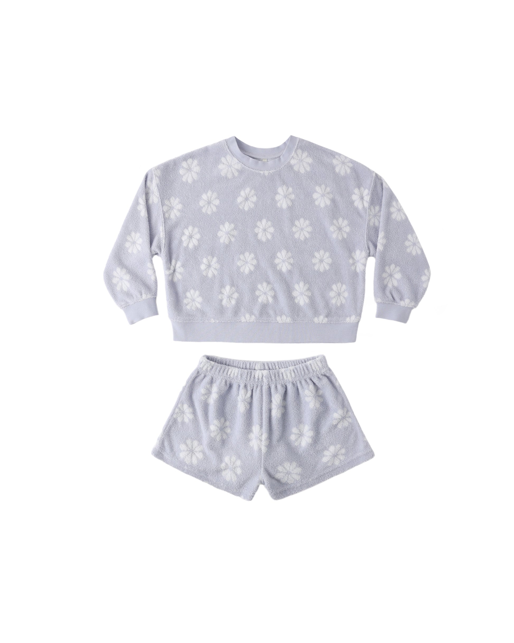 Periwinkle Daisy Karli Set by Rylee & Cru featuring a floral pattern on a soft fabric.