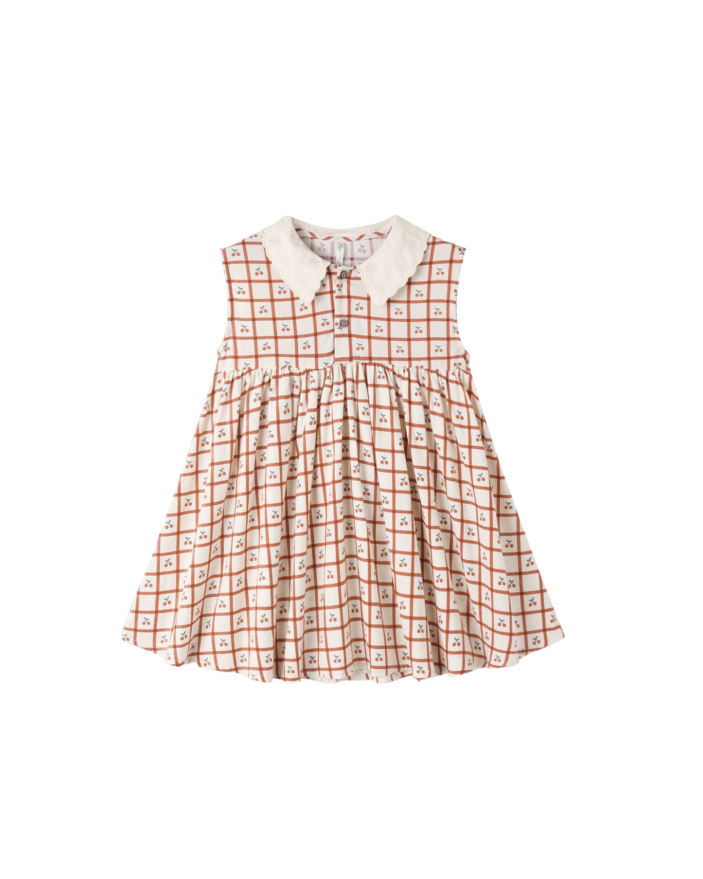 Cherry check collared babydoll dress by Rylee & Cru, featuring a cute collar and relaxed fit in natural fabric.