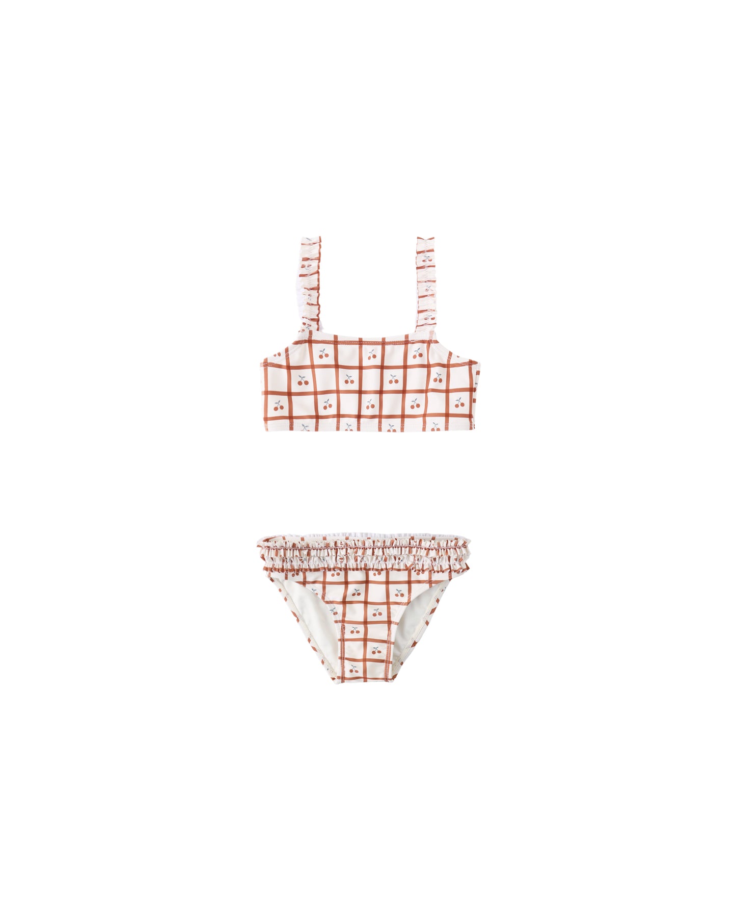 Cherry Check Ruching Bikini by Rylee & Cru featuring a cherry check pattern, ruched design, and bikini top and bottom.
