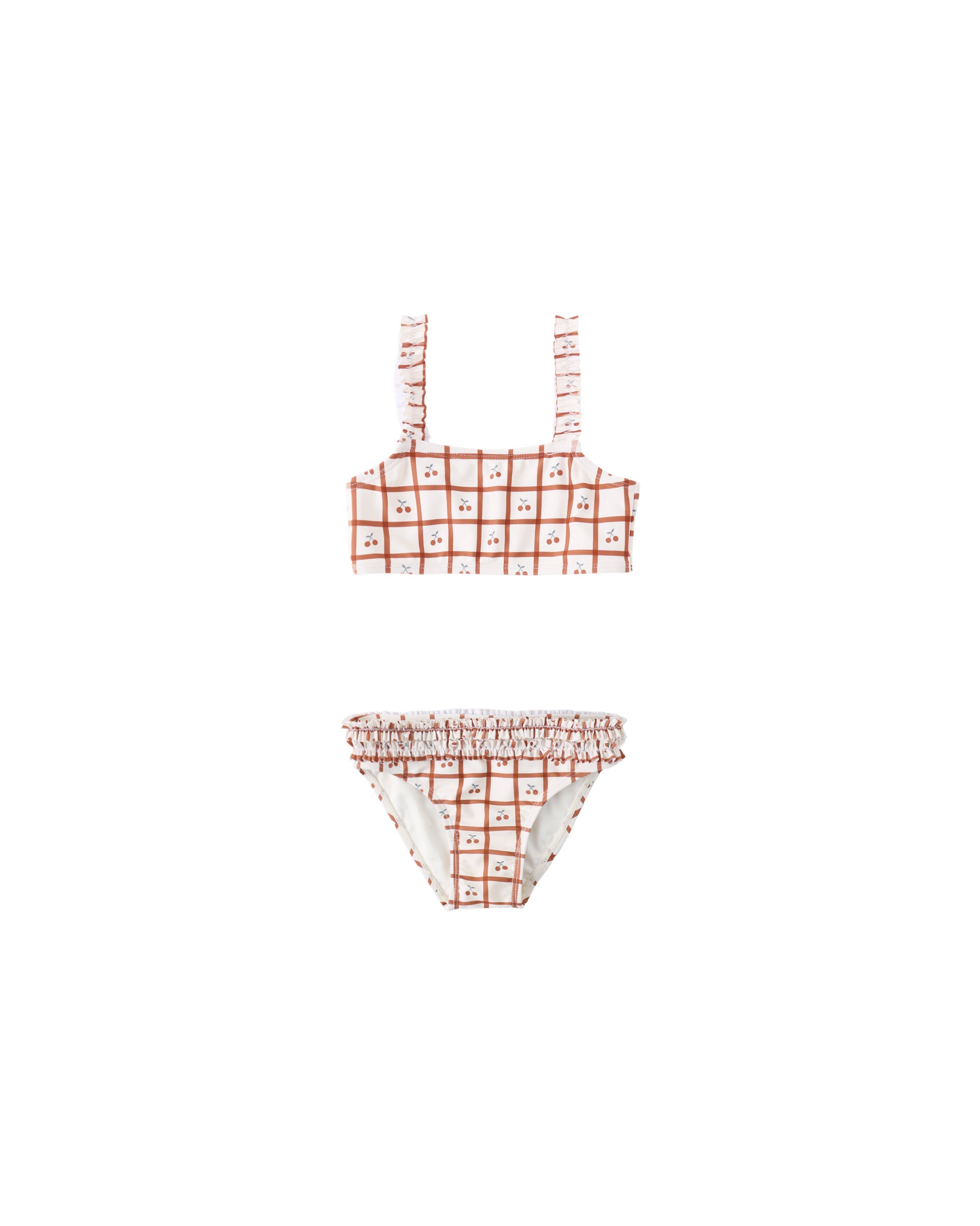 Cherry Check Ruching Bikini by Rylee & Cru featuring a cherry check pattern, ruched design, and bikini top and bottom.