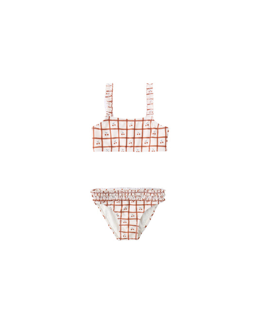 Cherry Check Ruching Bikini by Rylee & Cru featuring a cherry check pattern, ruched design, and bikini top and bottom.