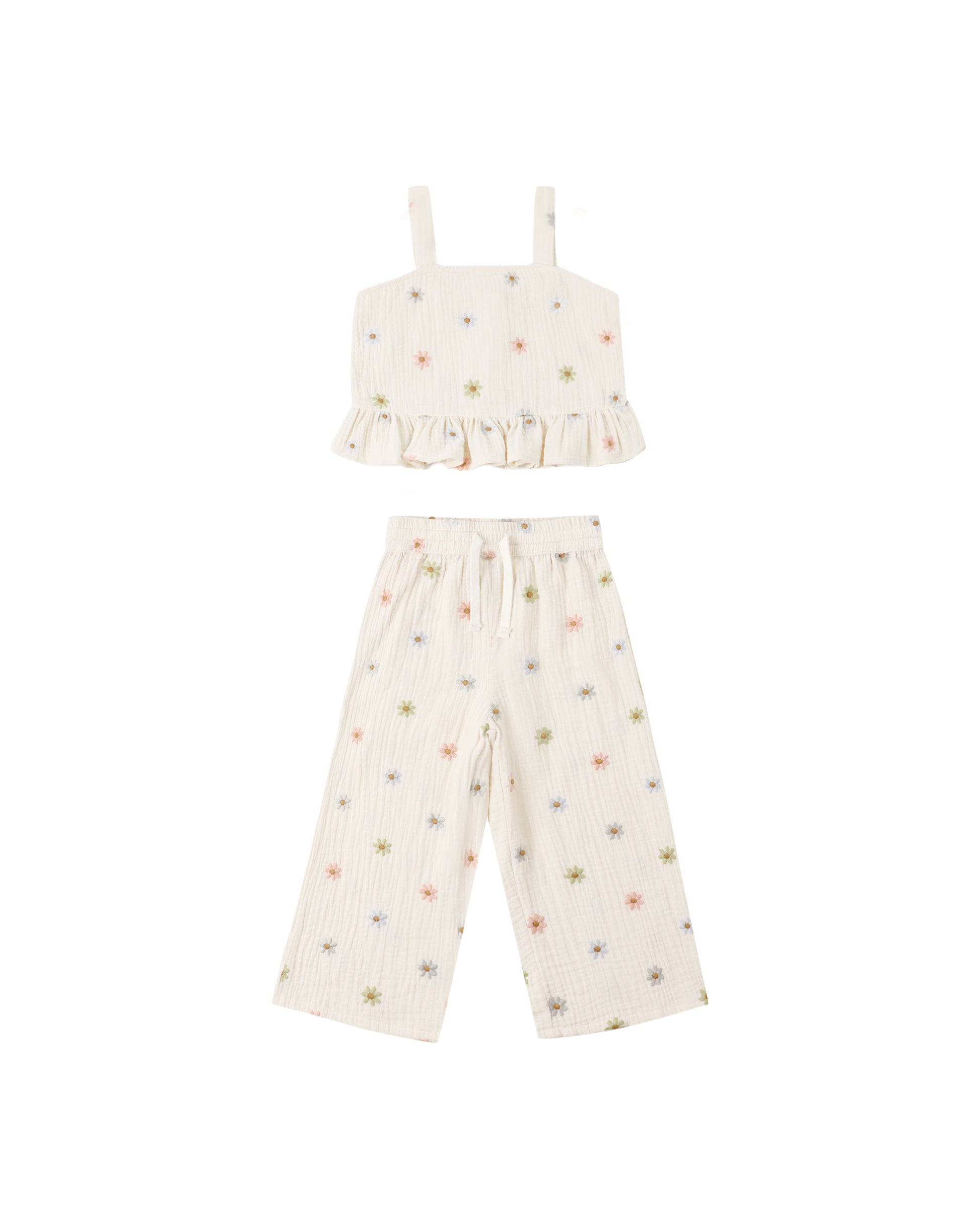 Embroidered Daisies Kayli Set by Rylee & Cru featuring a floral design on a natural fabric background.