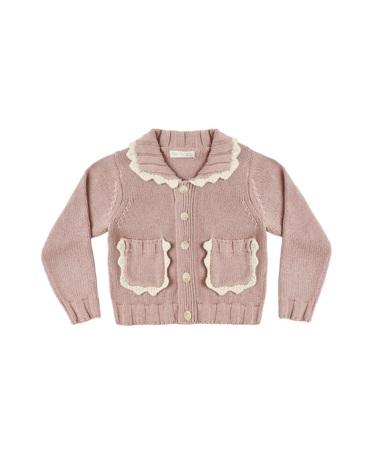 Rylee & Cru Rosewood collared cardigan with button front and soft knit fabric, displayed on a wooden hanger.