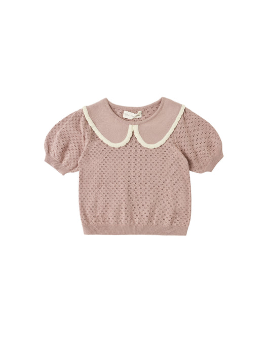 Rylee & Cru Rosewood Pointelle Collared Top featuring a soft knit fabric and button-up front, displayed on a hanger.