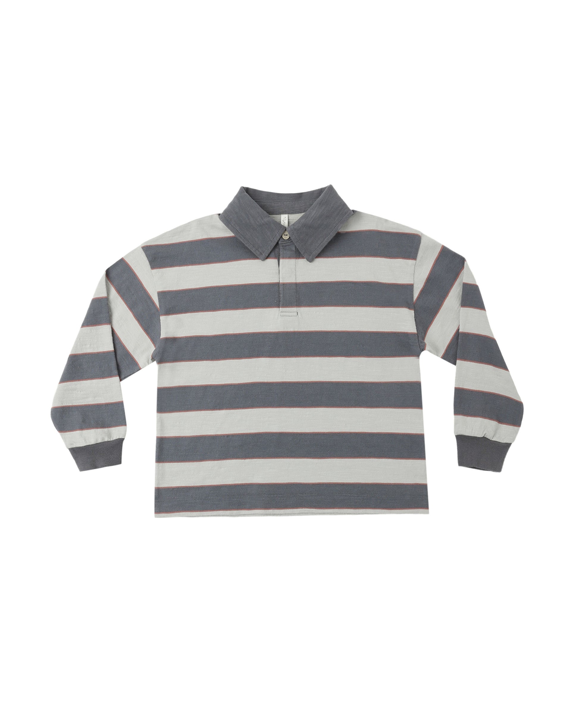 Rylee & Cru Sage Stripe Rugby Polo in midnight blue with white stripes, front view showing collar and button placket.