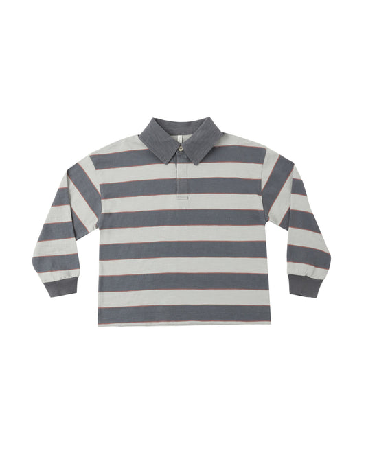 Rylee & Cru Sage Stripe Rugby Polo in midnight blue with white stripes, front view showing collar and button placket.