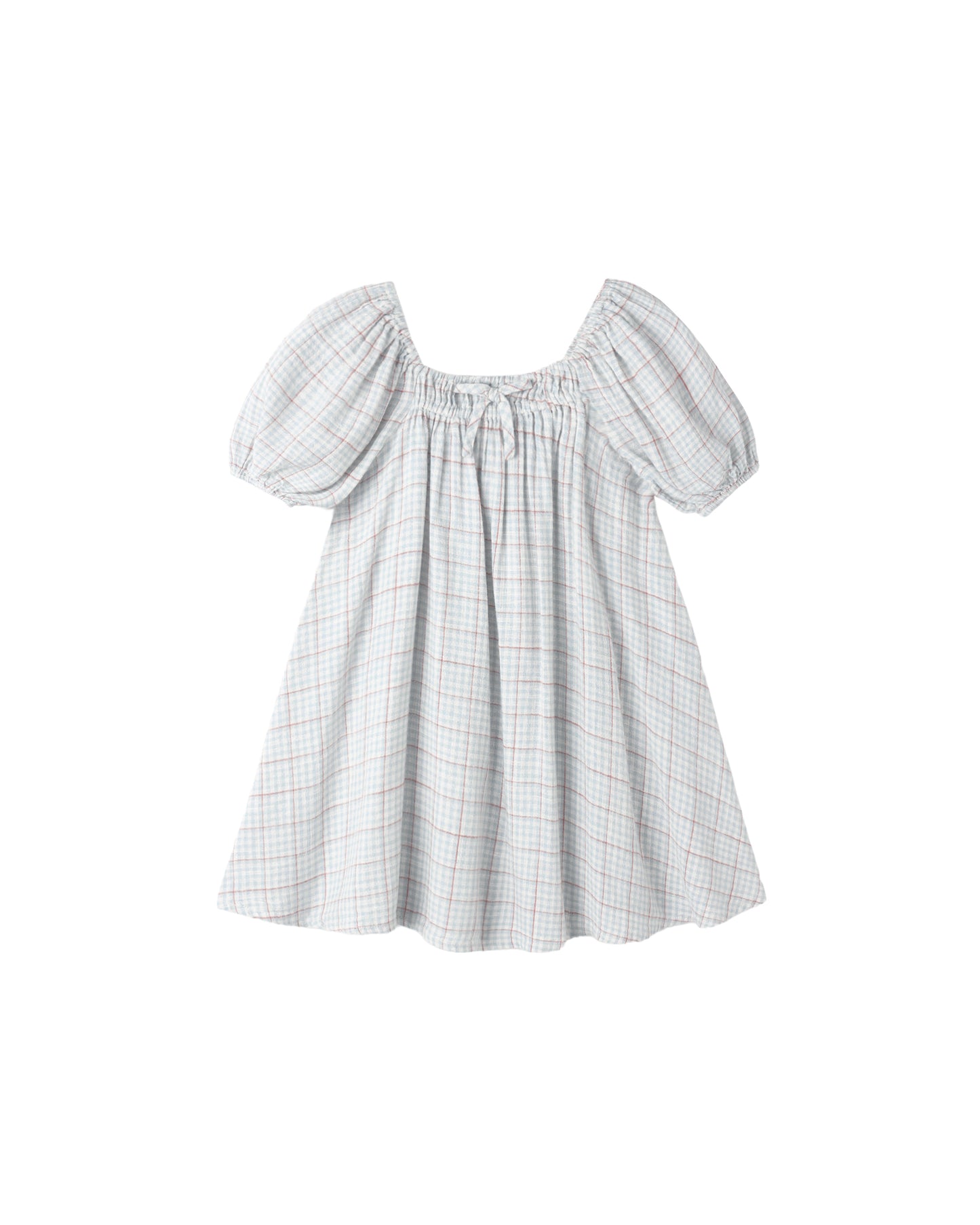 Light blue plaid Sabrina mini dress by Rylee & Cru, featuring a classic pattern and short sleeves, displayed on a hanger.