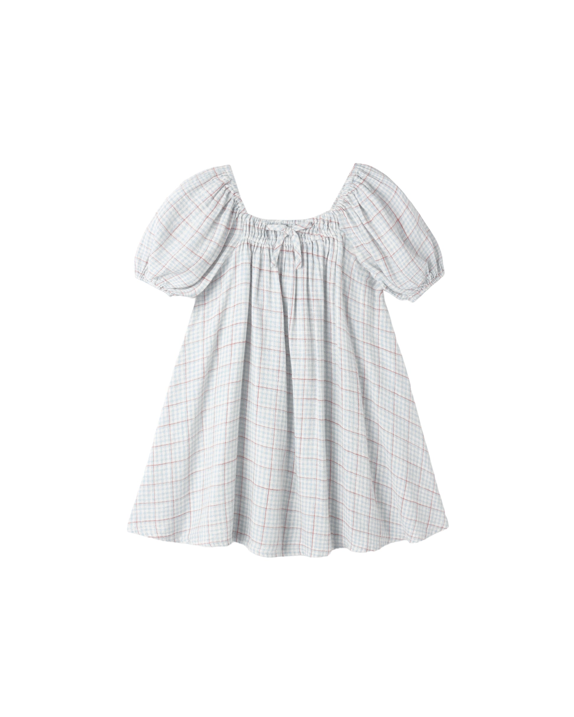 Light blue plaid Sabrina mini dress by Rylee & Cru, featuring a classic pattern and short sleeves, displayed on a hanger.