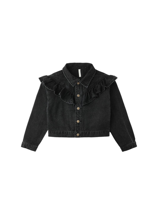 Washed Black Ruffle Denim Jacket