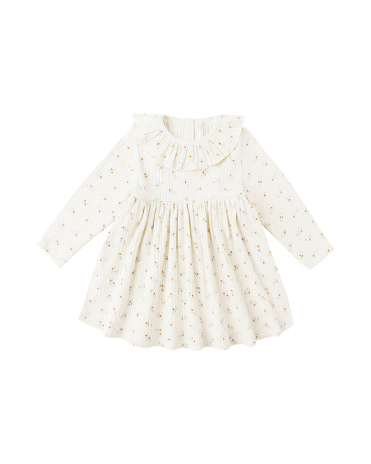 Natural Ditsy Ruffle Collar Dress