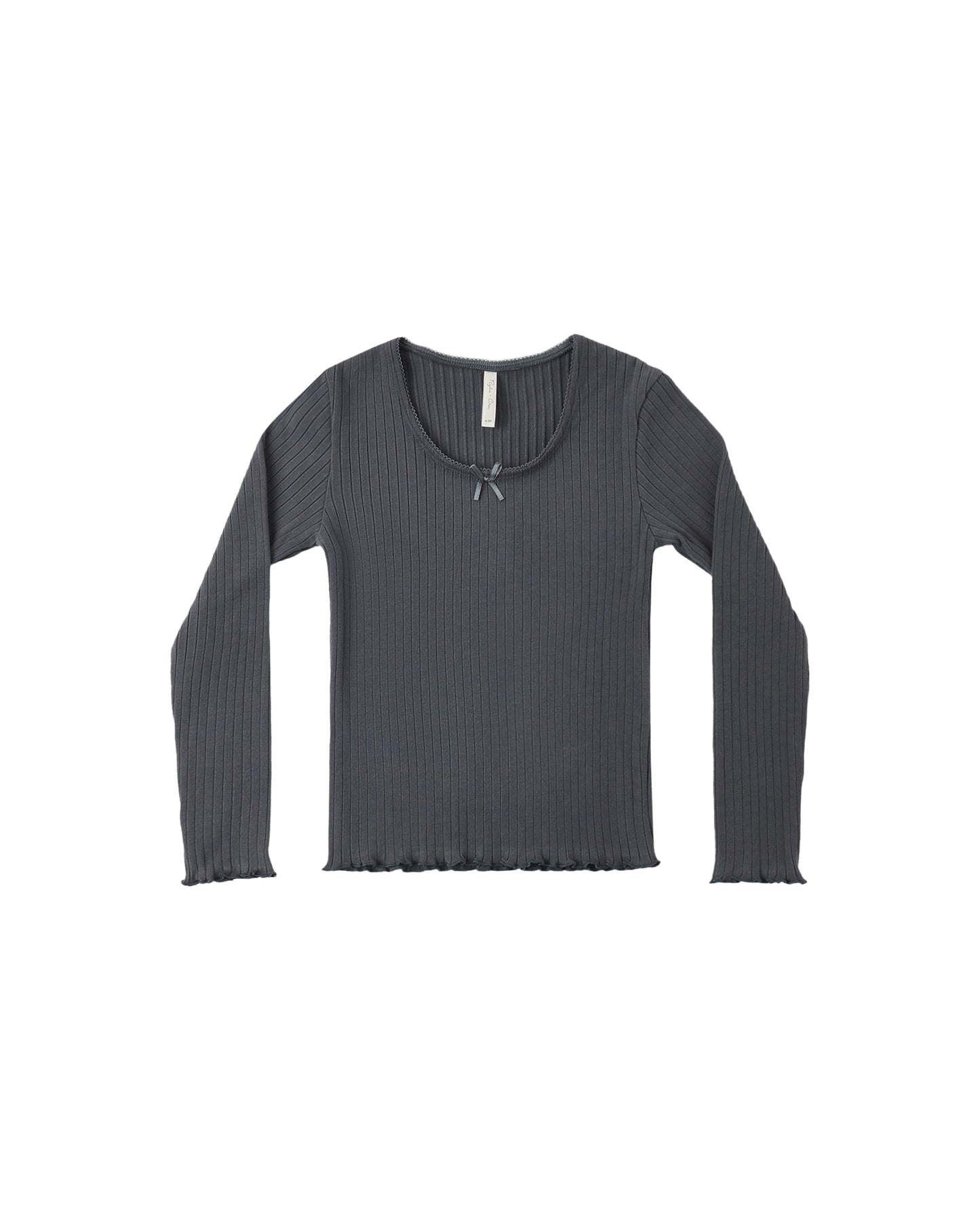 Rylee & Cru Midnight Ribbed Long Sleeve top, close-up of dark ribbed fabric and fitted long-sleeve design.