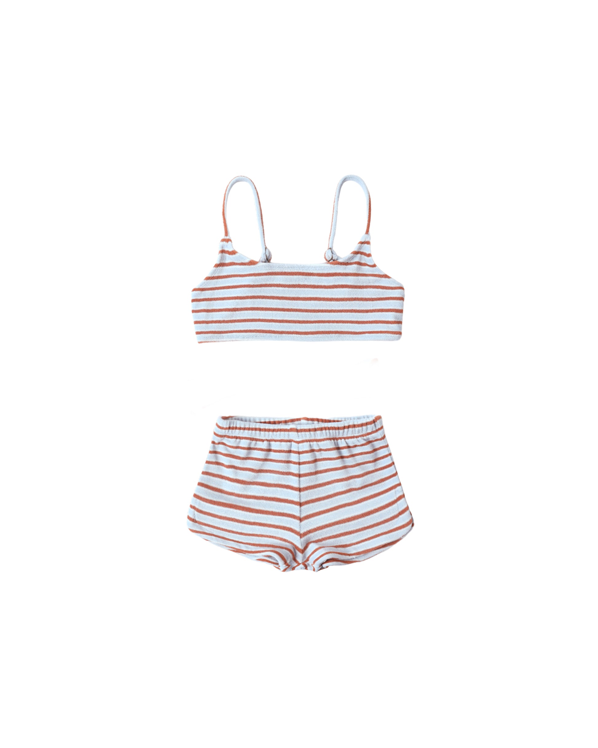 Rylee & Cru Americana Stripe Malia Bikini in Poppy with orange and white stripes, displayed on a mannequin.