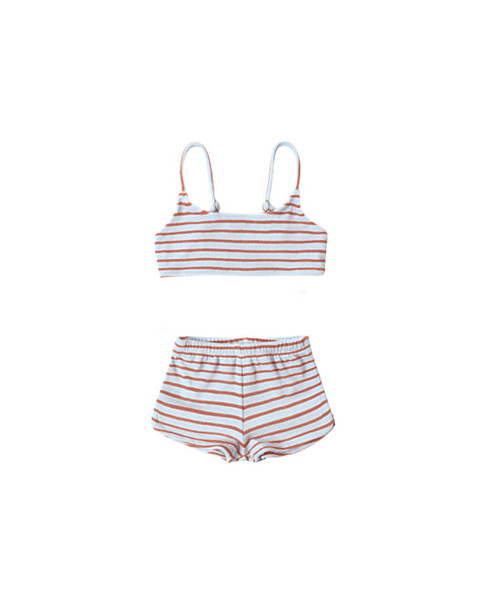 Rylee & Cru Americana Stripe Malia Bikini in Poppy with orange and white stripes, displayed on a mannequin.