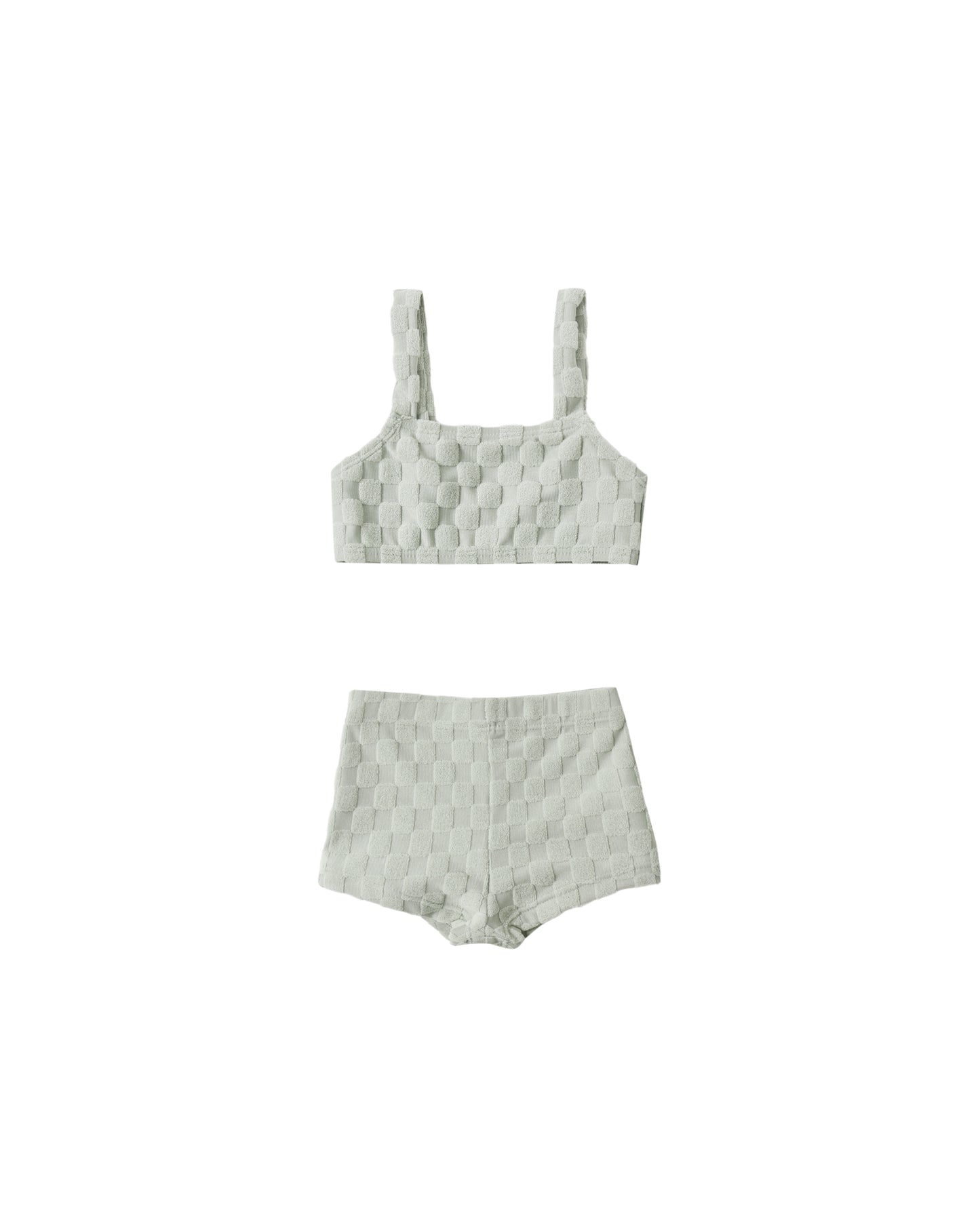 Rylee & Cru Sage Check Dylan bikini top in gray, featuring a check pattern and adjustable straps on a mannequin.