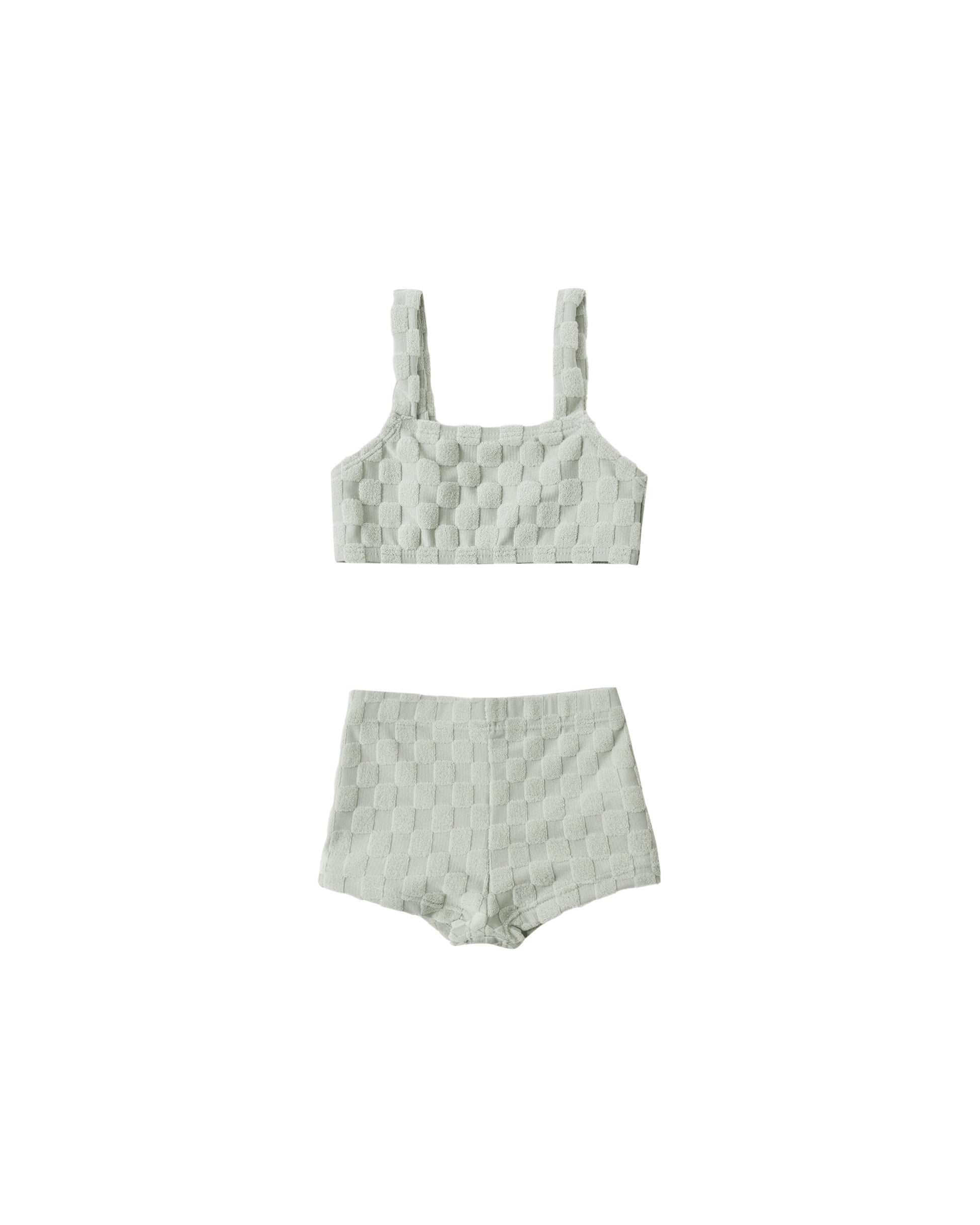 Rylee & Cru Sage Check Dylan bikini top in gray, featuring a check pattern and adjustable straps on a mannequin.