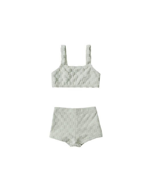 Sage Check Dylan Bikini by Rylee & Cru featuring a stylish check pattern, adjustable top, and matching bikini bottoms.