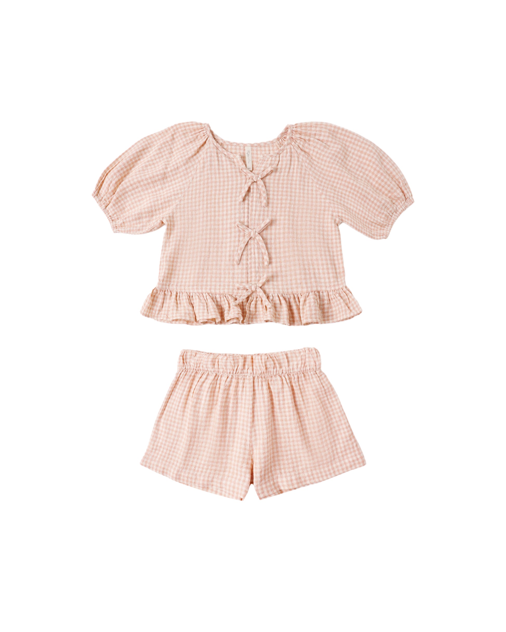 Rylee & Cru Petal Gingham Juniper set featuring a soft, pink and blue gingham pattern on a cozy baby outfit.