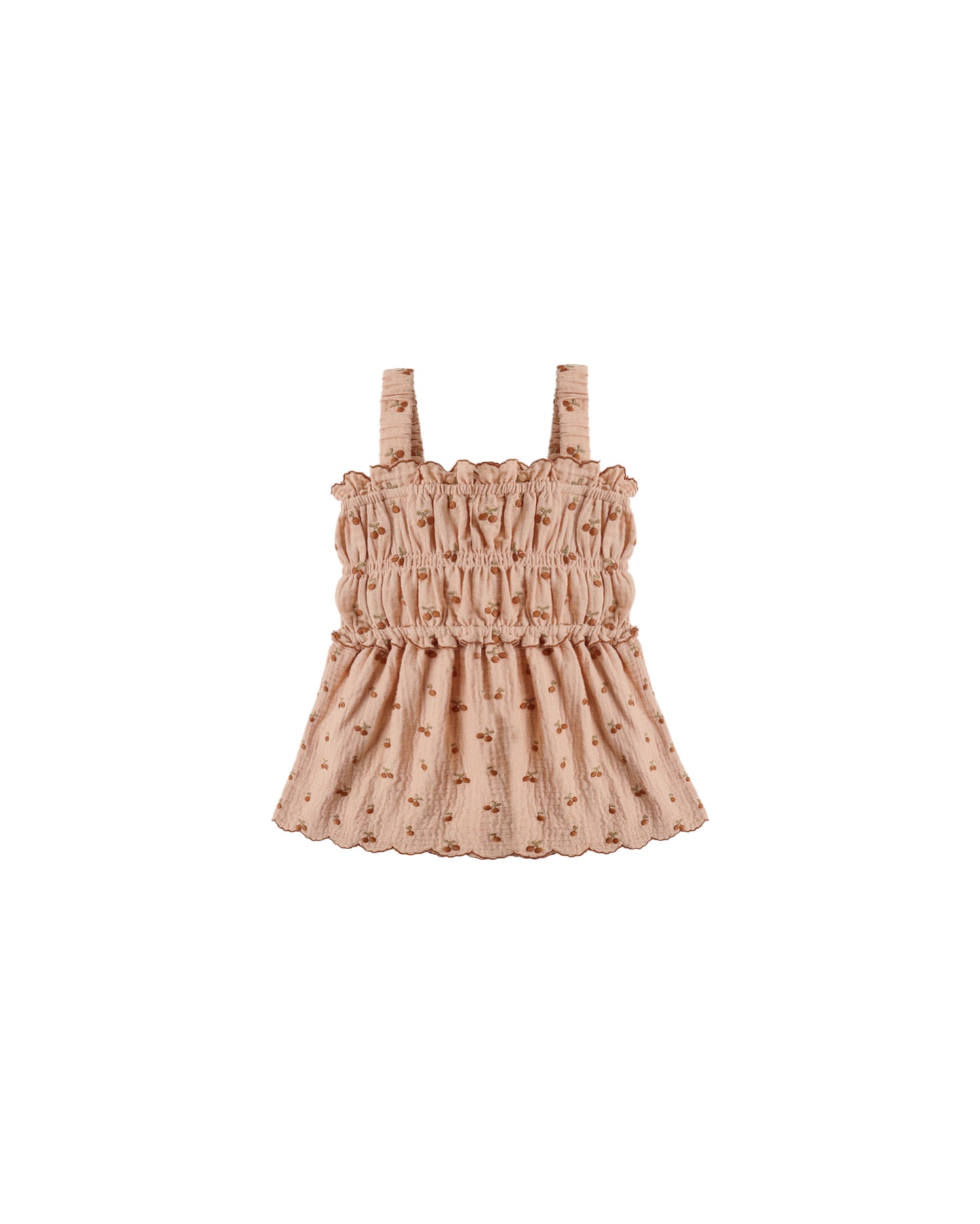Cherry embroidery details on a smocked tank top by Rylee & Cru in melon color, showcasing a playful summer style.