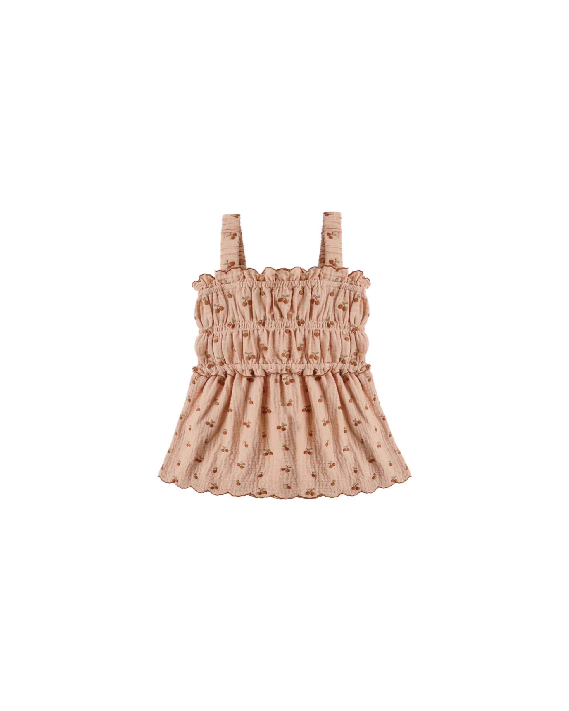 Cherry embroidery details on a smocked tank top by Rylee & Cru in melon color, showcasing a playful summer style.